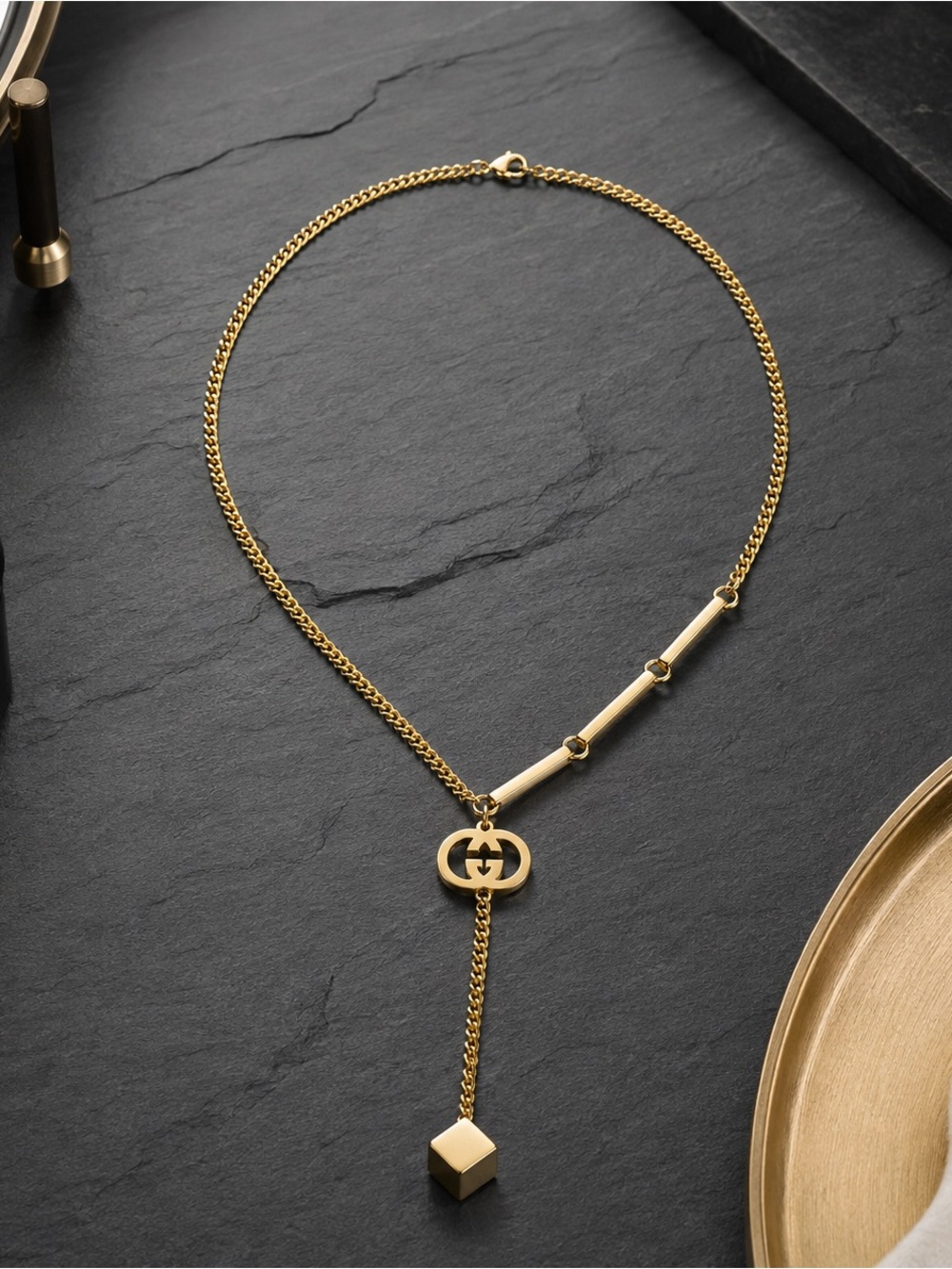 Designer Gold-Tone Logo Drop Pendant Necklace